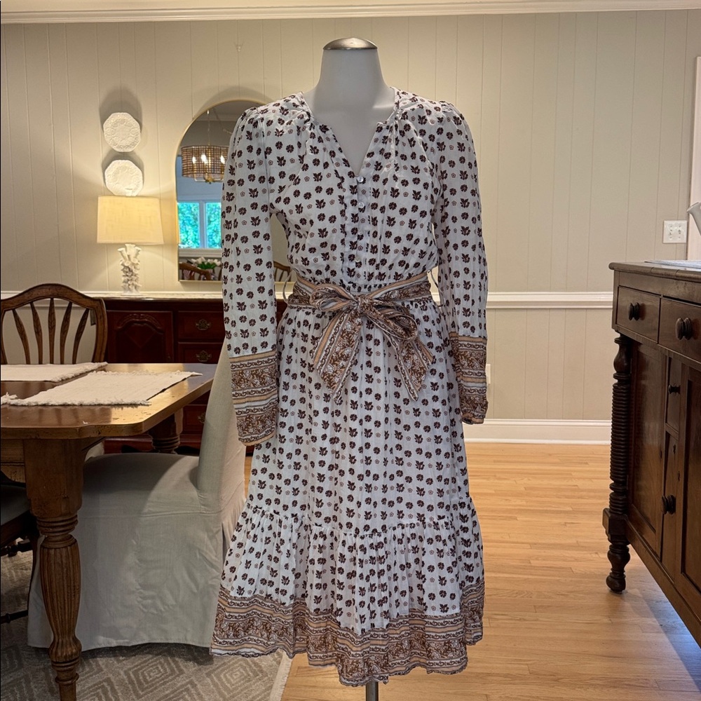 CLEOBELLA Blakely White Floral Midi Dress Boho Block Print Brown Cream SMALL